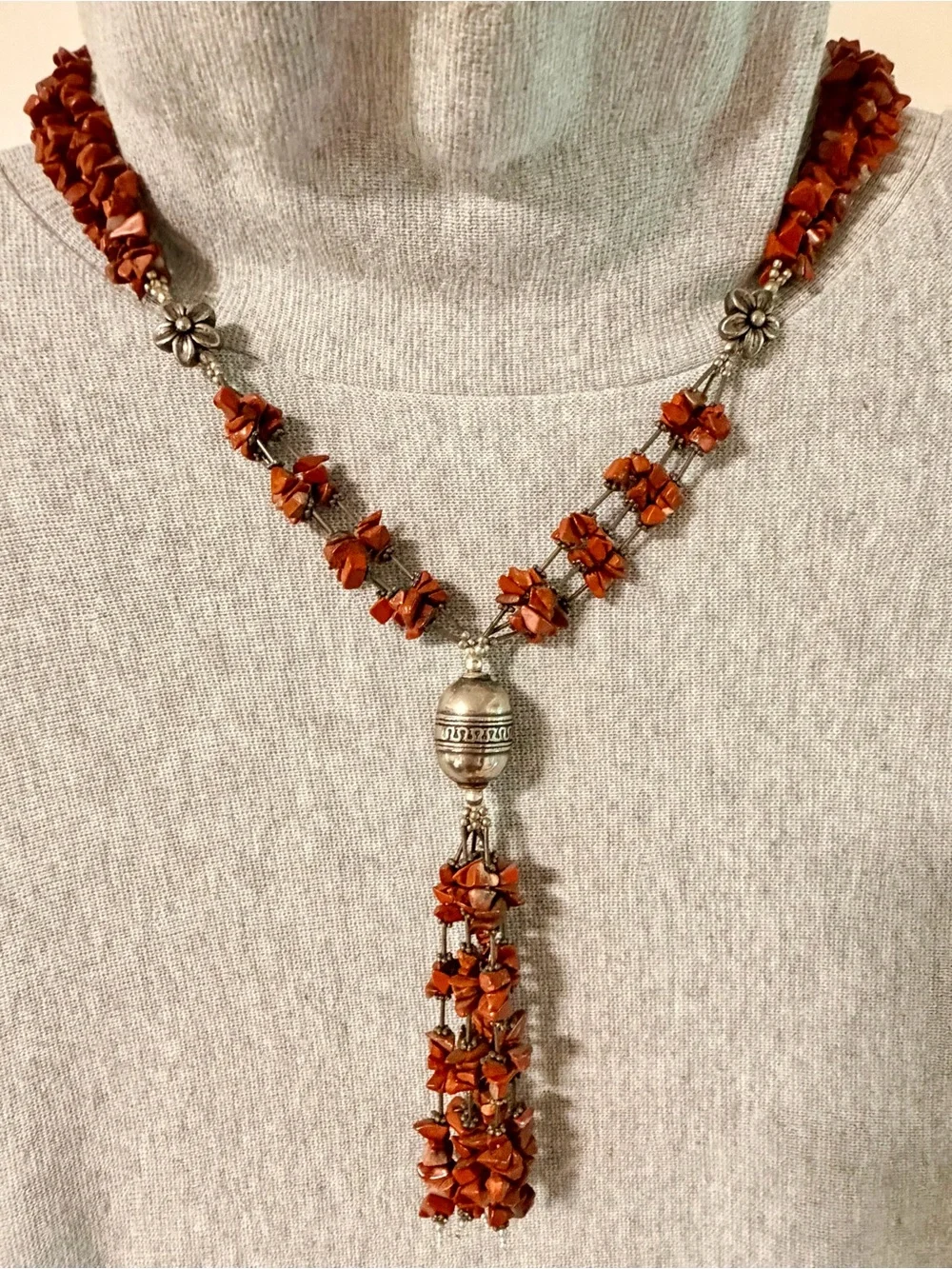 Artisan Orange Chip Bead Silver Tone Tassel Statement Necklace